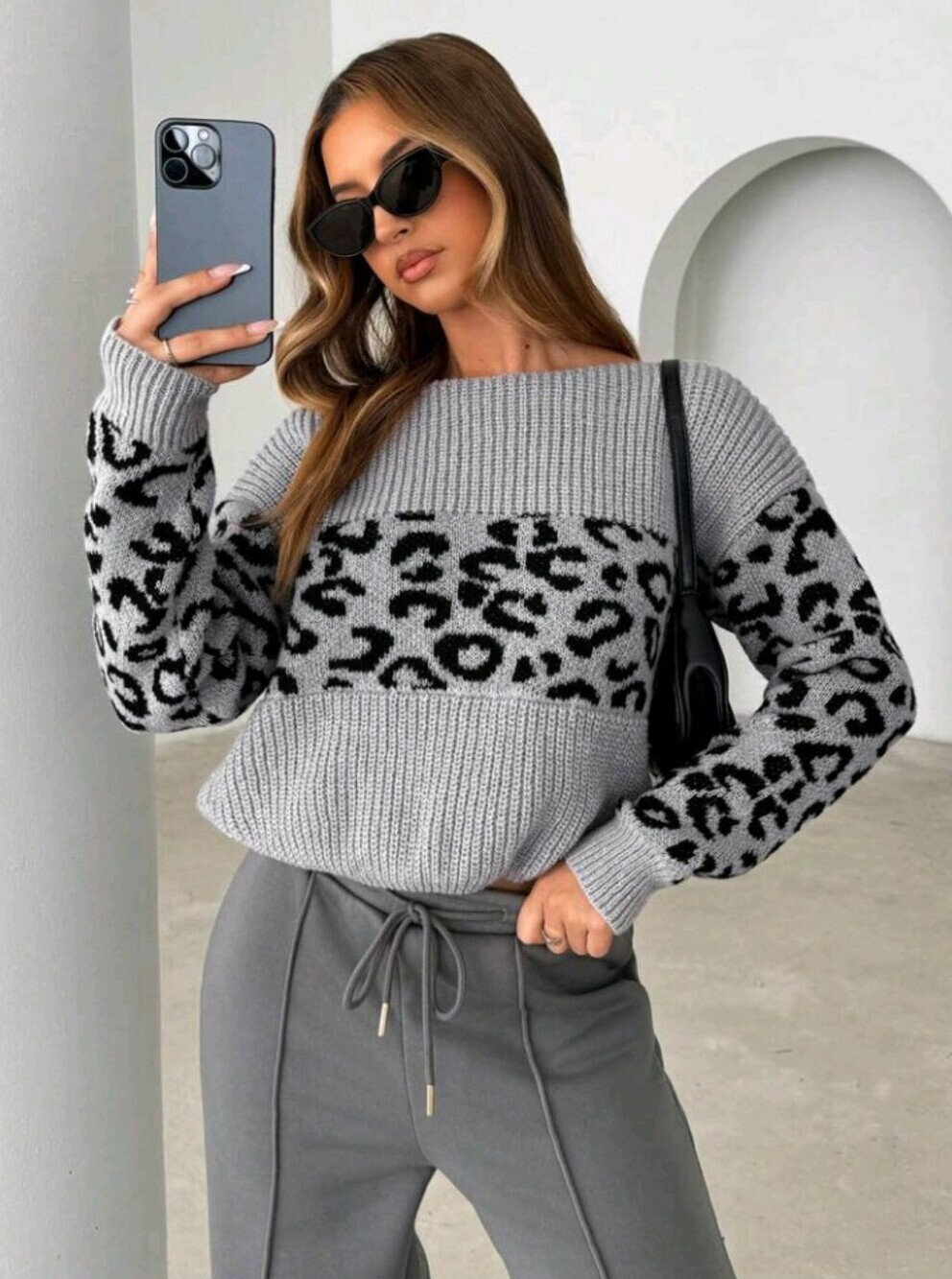 Women's Leopard Print Patchwork Long Sleeve Pullover Sweatshirt,Long